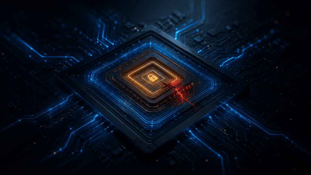 Illustration: a glowing processor chip on a dark circuit board.