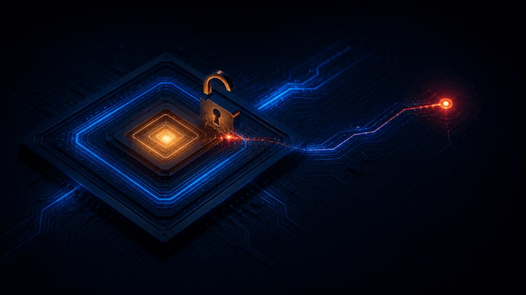Illustration: a glowing processor chip on a dark circuit board.
