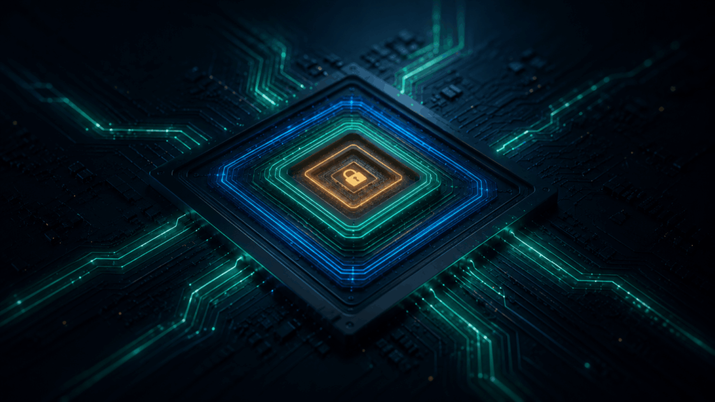 Illustration: a glowing processor chip on a dark circuit board.