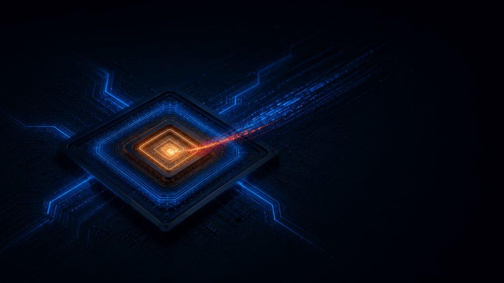 Illustration: a glowing processor chip on a dark circuit board.