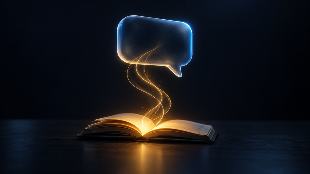 A glowing chat bubble rising from an open book: private memories surfacing in a public chat