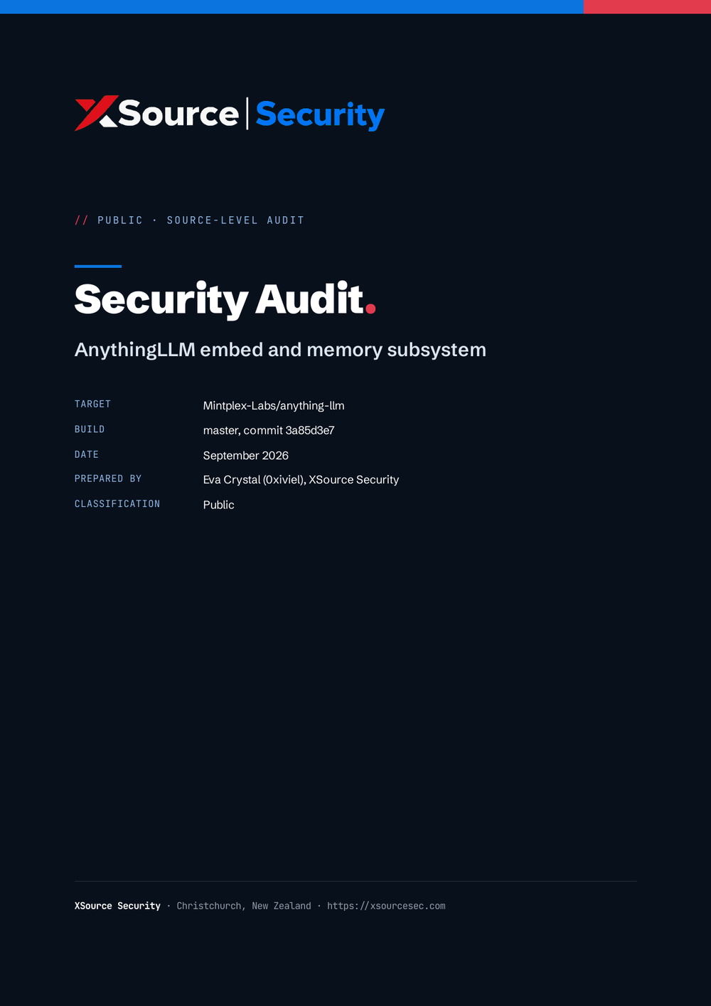 Cover page of an XSource Security audit report