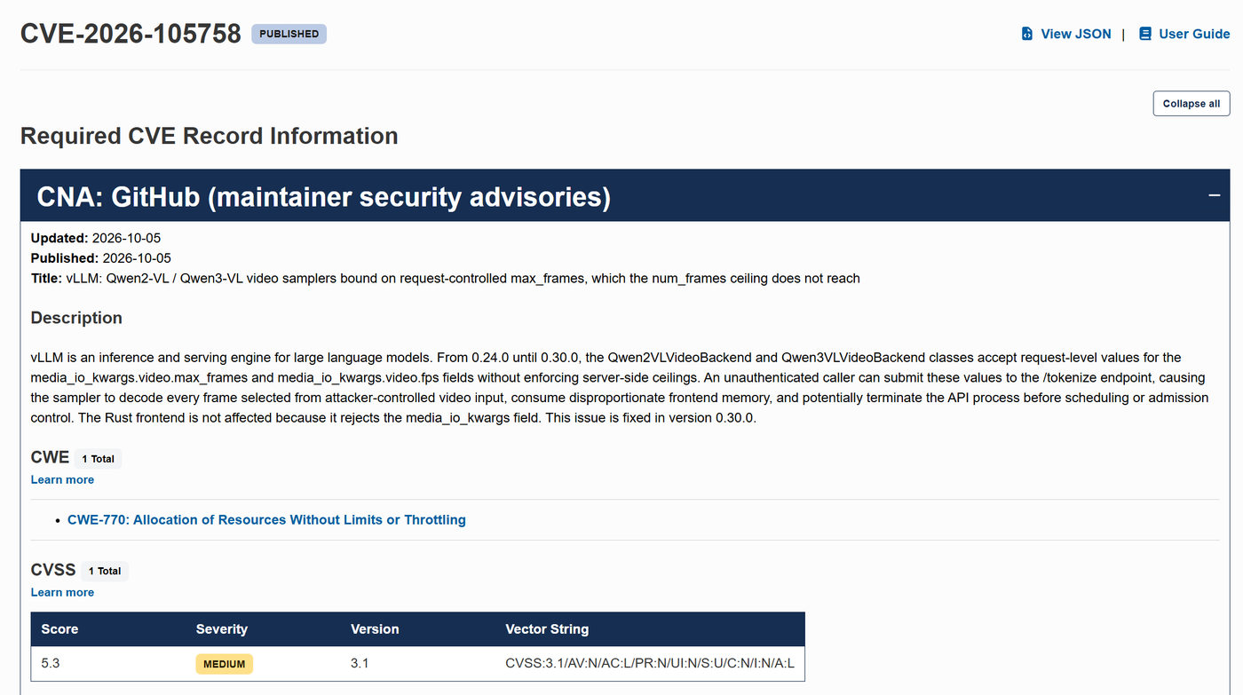 CVE-2026-105758 vLLM record