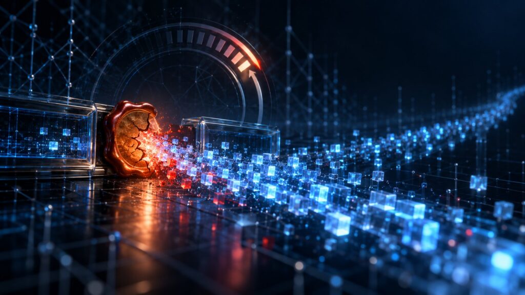 A cracked digital signature seal pouring a stream of glowing data blocks past the containers meant to hold it, with a counter behind it rolled past zero