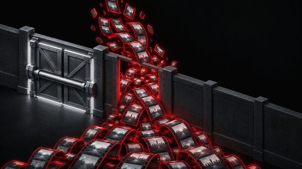 Illustration: a heavily barred gate stands shut while video frames flood through an open gap in the wall beside it.